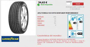 Neumático Goodyear 205/55 V R16 EfficienteGrip Performance