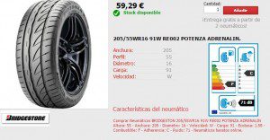 Neumático Bridgestone 205/55 W R16 Potenza Adrenalin