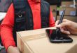 Express courier delivering cardboard box order to customer - Deliver and online buying concept