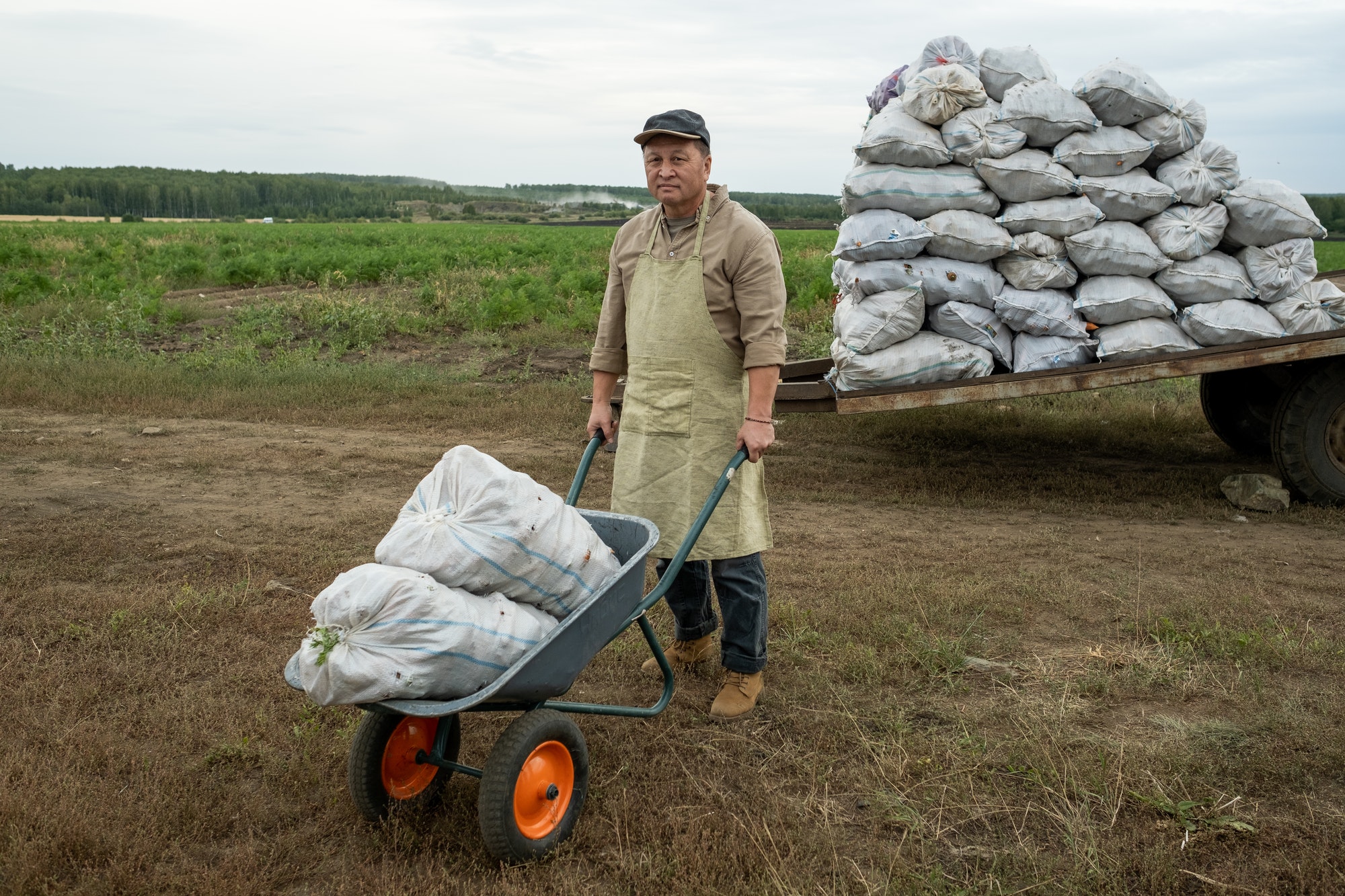 Mature Asian Farmer With Wheelbarrow