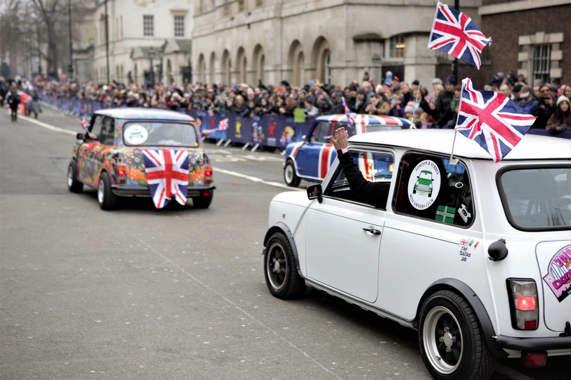 Mini Cooper cars at London New Year’s Parade. January 1, 2020