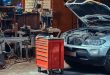 Red tool box in a garage.