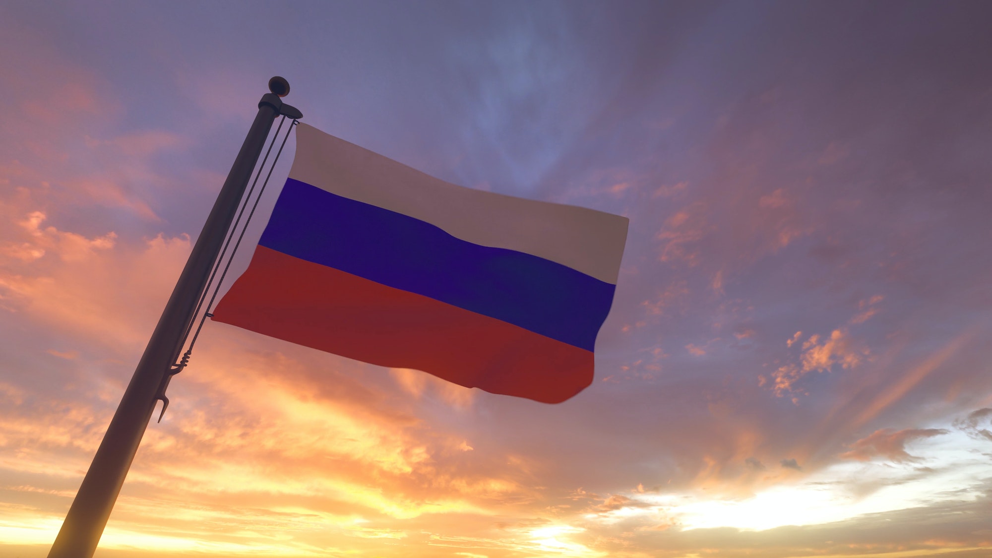 Russia Flag on a Flagpole Sunset Evening