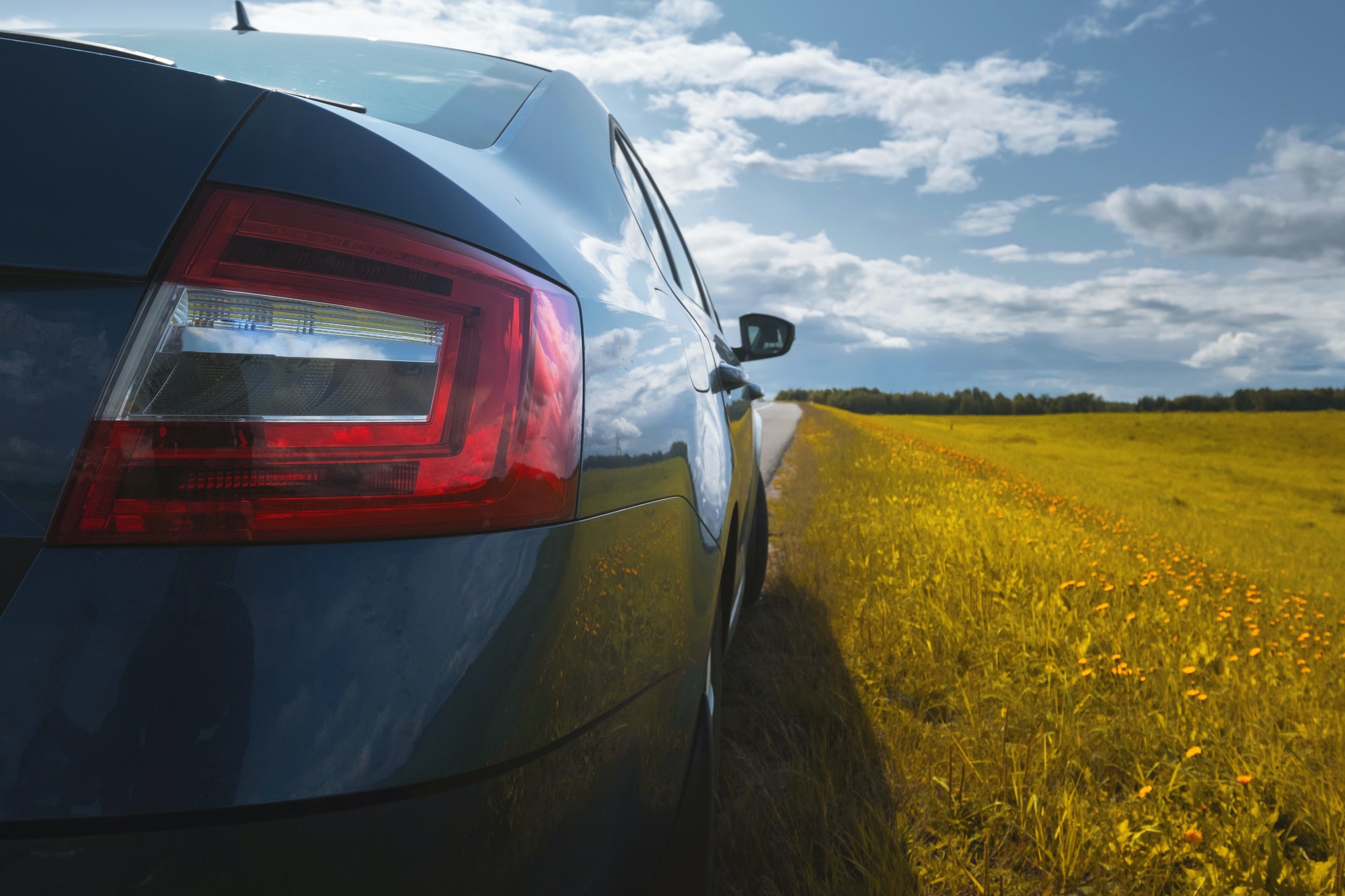 Travel by car. The car parked on the roadside