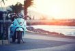 Vintage motor scooter Vespa, traditional bike in the pictursque pier of Buyukada, Istanbul at sunset