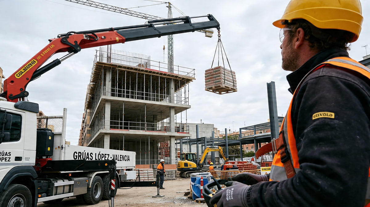 Camión pluma operando en una obra urbana en España, elevando materiales con precisión mediante brazo telescópico y control remoto, ejemplo real de maquinaria en construcción