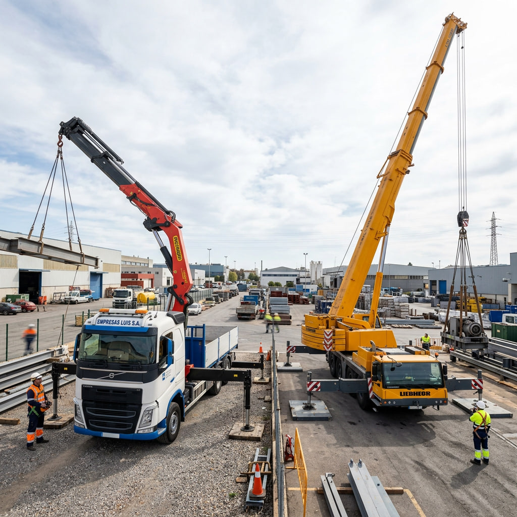 Comparativa visual entre camión pluma y grúa móvil mostrando sus diferencias en uso, tamaño y movilidad en entorno industrial profesional.