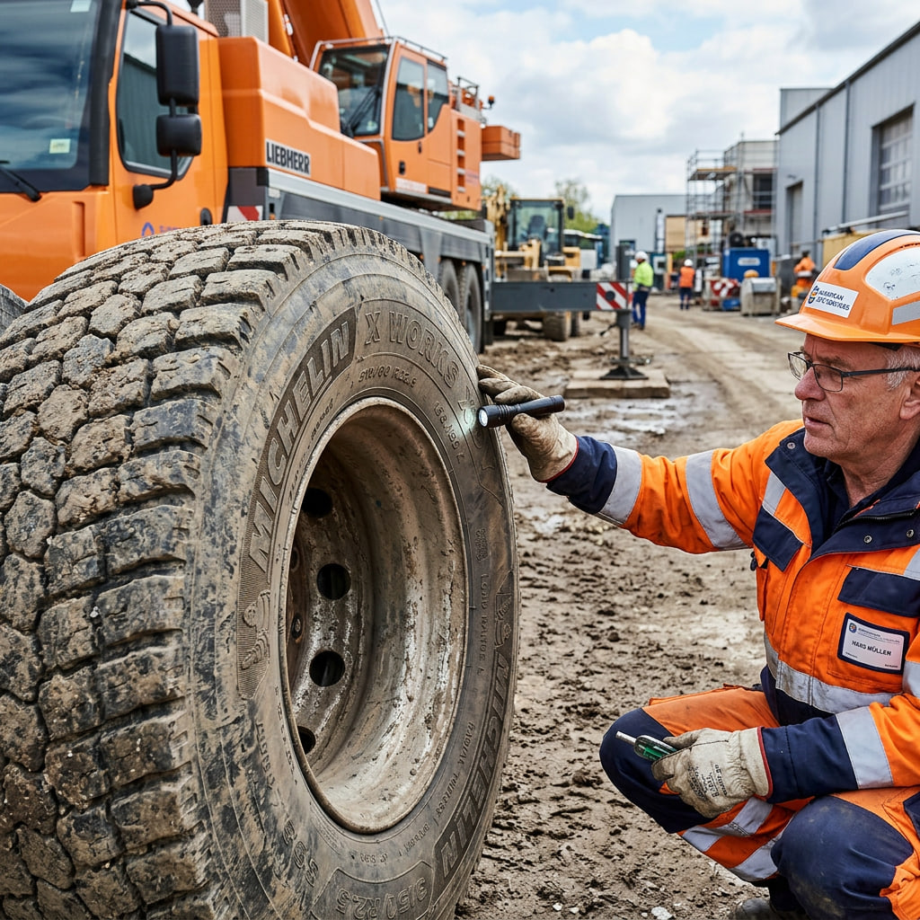 Revisión del estado de los neumáticos de un camión pluma, fundamentales para soportar carga y garantizar seguridad en trabajos intensivos