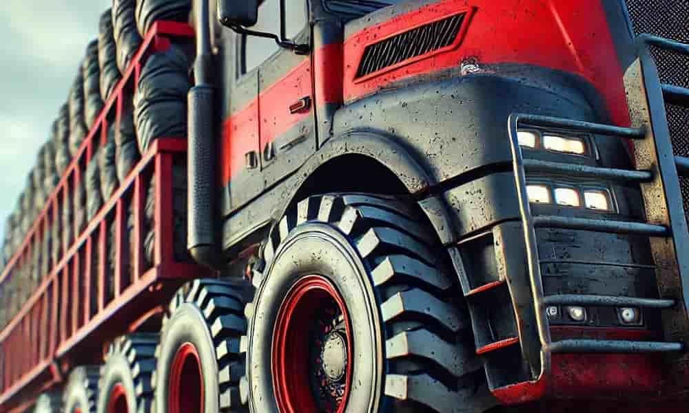 Camión pesado con ruedas enormes