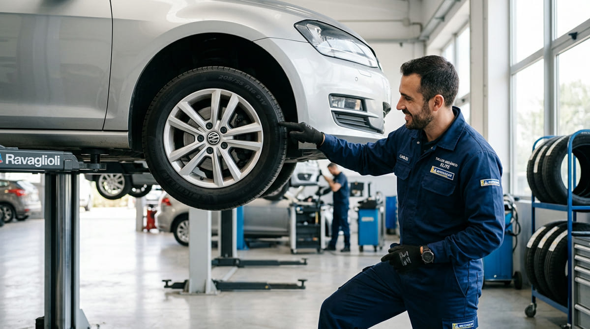 mecanico comprobando neumaticos equivalentes
