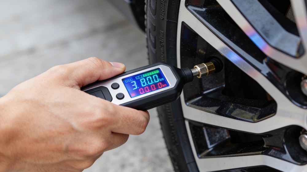 Manometro digital mostrando la presion exacta al conectar la boquilla en la valvula de la rueda