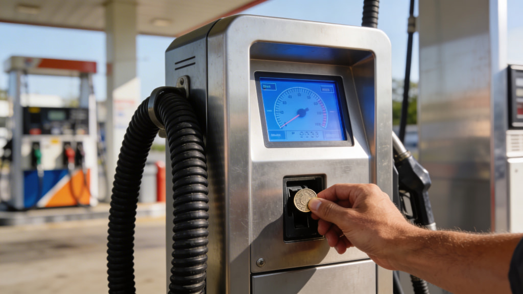 Usuario insertando monedas en un aparato para hinchar neumaticos en estacion de servicio