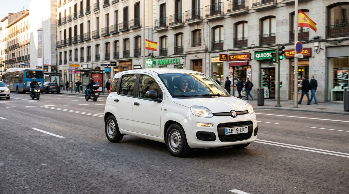 Imagen editorial de varios neumáticos 155/70 R13 montados en un coche urbano aparcado en una calle de España, representando una comparativa real de marcas y modelos en 2026.