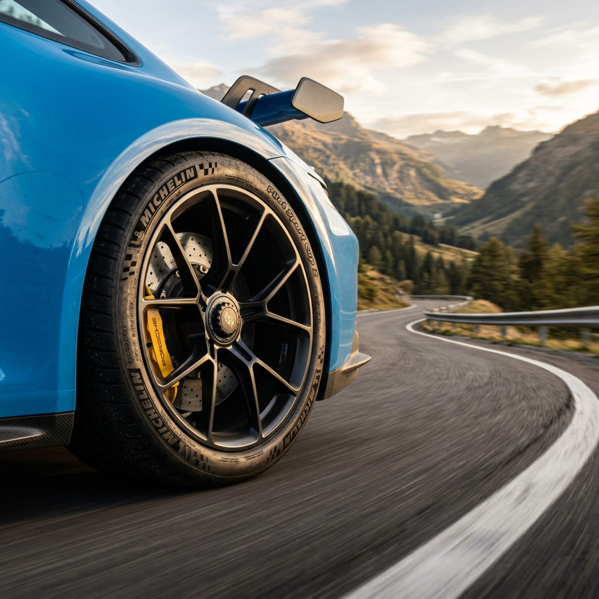 Detalle Neumático deportivo con alto agarre en carretera de montana