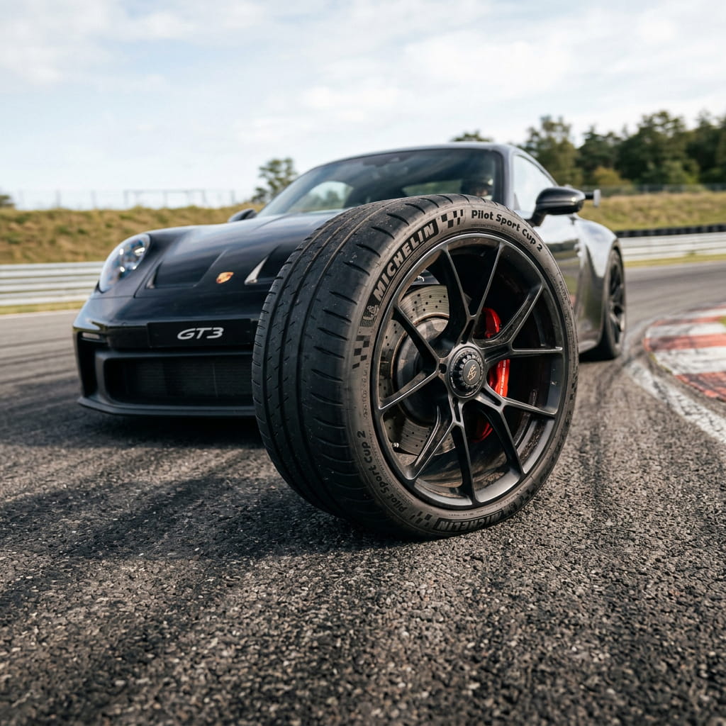 Neumático deportivo en frenada sobre pista seca