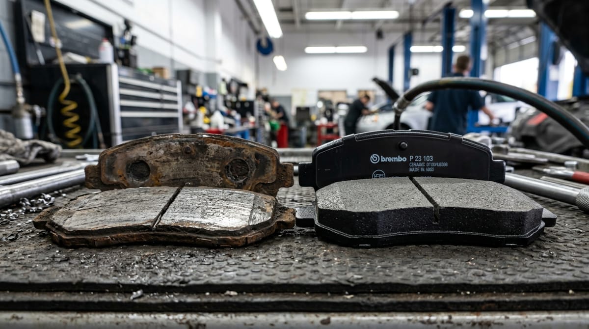 Comparación entre pastillas de freno nuevas y desgastadas, mostrando la importancia del mantenimiento.