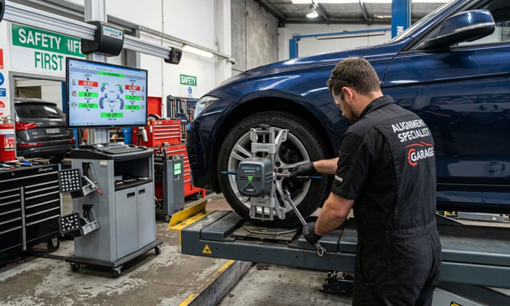 mecanico alineando neumaticos