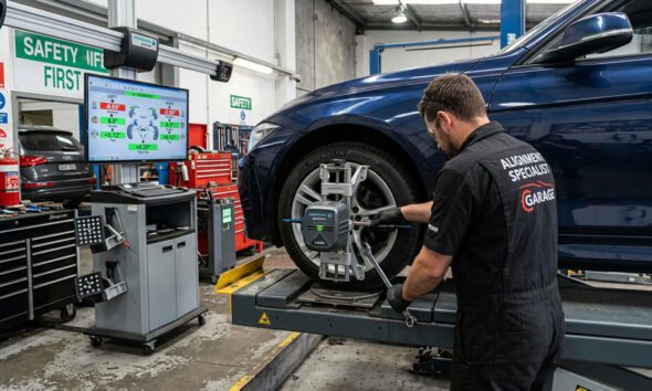 mecanico alineando neumaticos