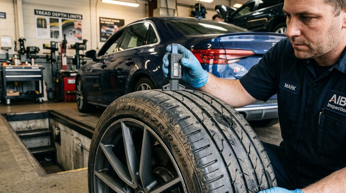 mecanico comprobando rueda 235 35 r19 detalle neumático profundidad del dibujo 