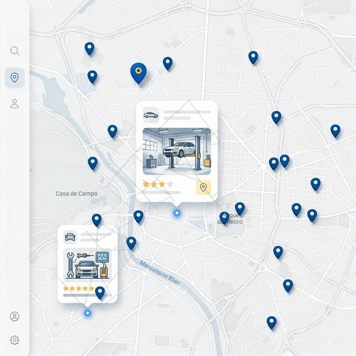 mapa interactivo de talleres de cambio alineacion de neumáticos en Madrid