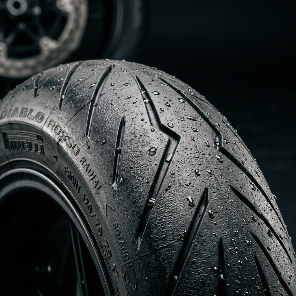Detalle técnico de la banda de rodadura tipo flash del Pirelli Diablo Rosso 3, diseñada para mejorar el drenaje de agua y el agarre deportivo.