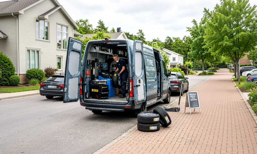 Técnico especializado realizando un cambio neumaticos a domicilio con equipamiento profesional junto a un coche estacionado en una vivienda. Imagen ideal para ilustrar comodidad, seguridad y montaje profesional de neumáticos sin acudir al taller. muchoneumatico.com
