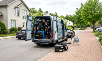 Técnico especializado realizando un cambio neumaticos a domicilio con equipamiento profesional junto a un coche estacionado en una vivienda. Imagen ideal para ilustrar comodidad, seguridad y montaje profesional de neumáticos sin acudir al taller. muchoneumatico.com
