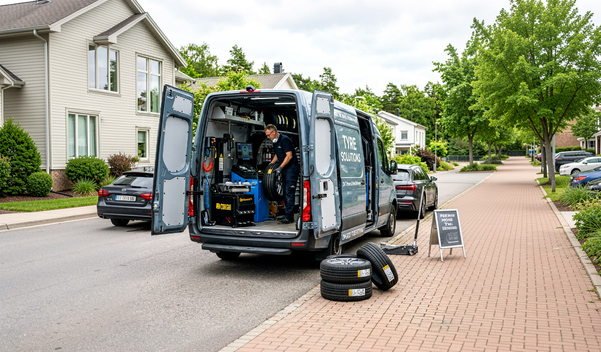 Técnico especializado realizando un cambio neumaticos a domicilio con equipamiento profesional junto a un coche estacionado en una vivienda. Imagen ideal para ilustrar comodidad, seguridad y montaje profesional de neumáticos sin acudir al taller. muchoneumatico.com