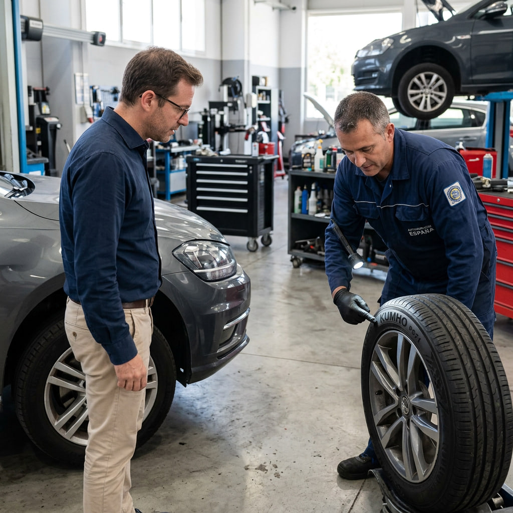 Cliente y mecánico revisando neumático Kumho PS72 en taller para decidir entre PS72 y PS71