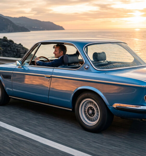 Coche clásico restaurado equipado con equivalencia neumáticos antiguos homologada, circulando por carretera costera con neumáticos modernos de estética vintage que mejoran seguridad, agarre y confort sin perder autenticidad.