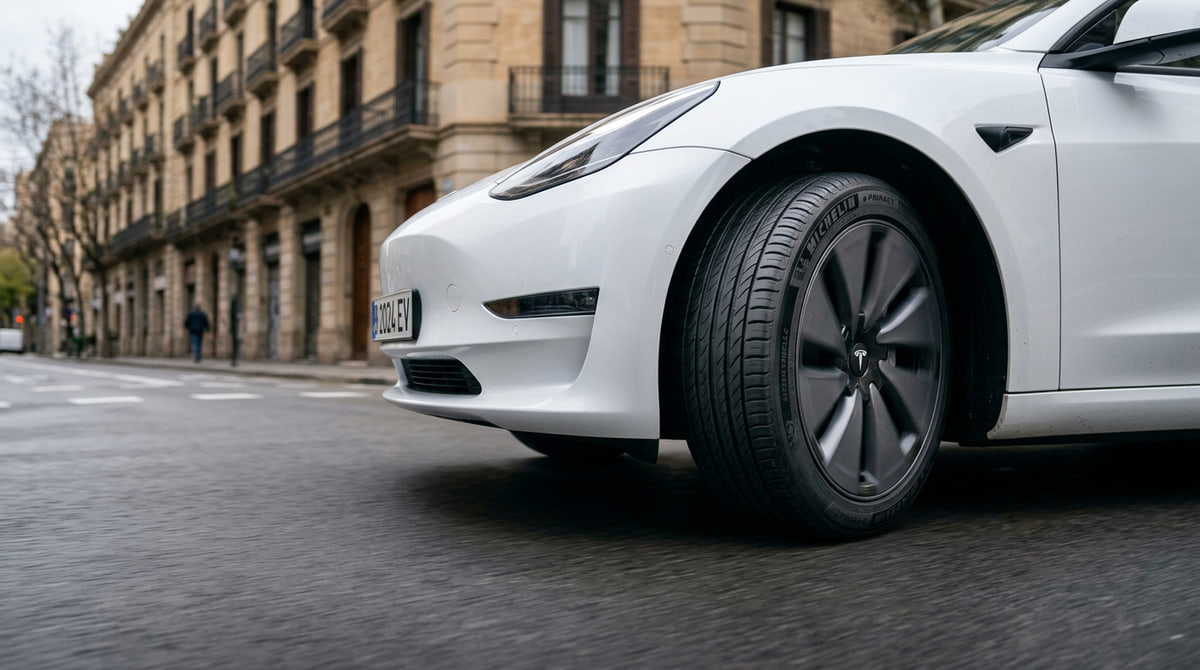 Vehículo eléctrico circulando por ciudad con neumáticos específicos EV, mostrando conducción silenciosa, estabilidad y eficiencia en uso diario.