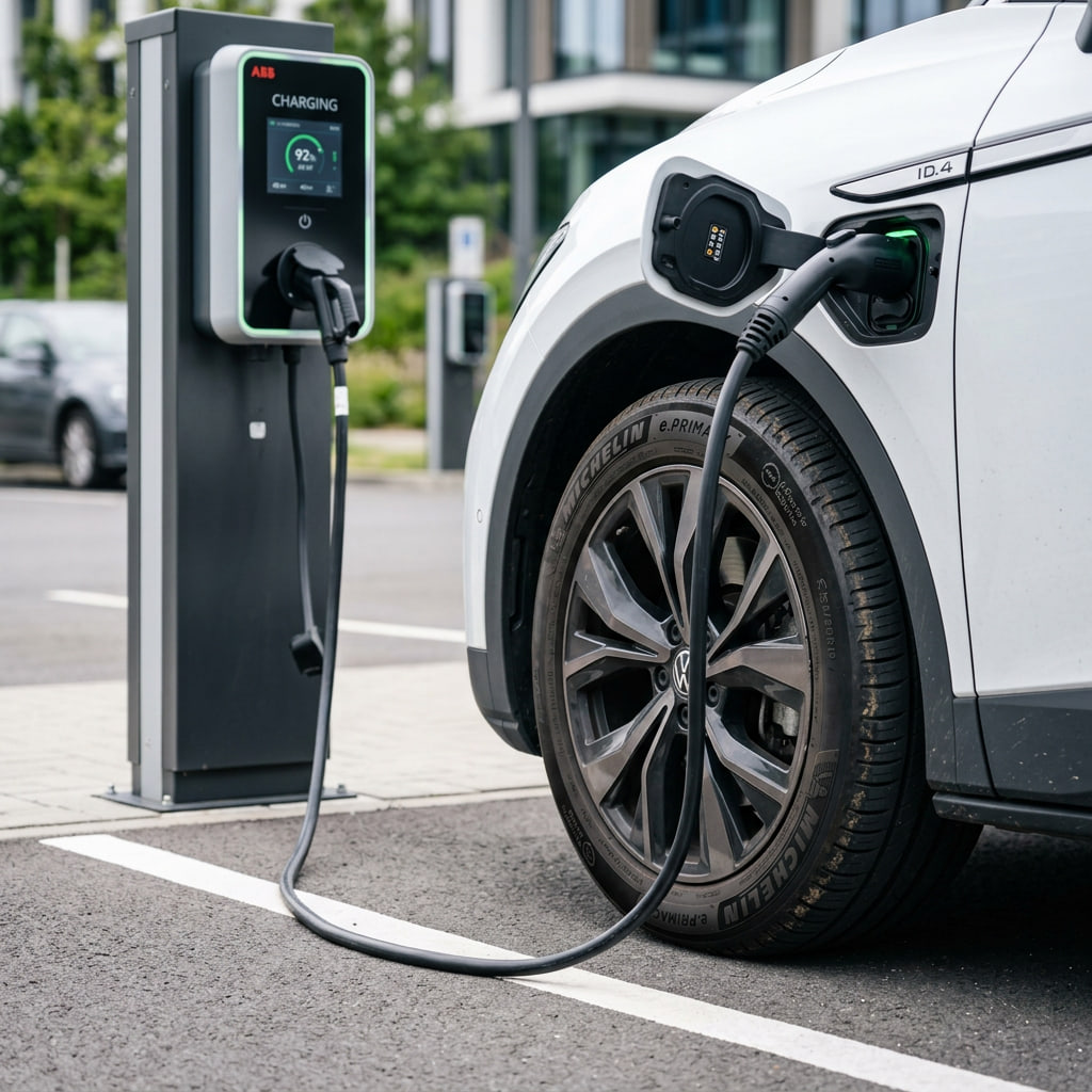 Imagen conceptual de un coche eléctrico en carretera con representación visual de la autonomía y la eficiencia energética asociada a neumáticos de baja resistencia a la rodadura.