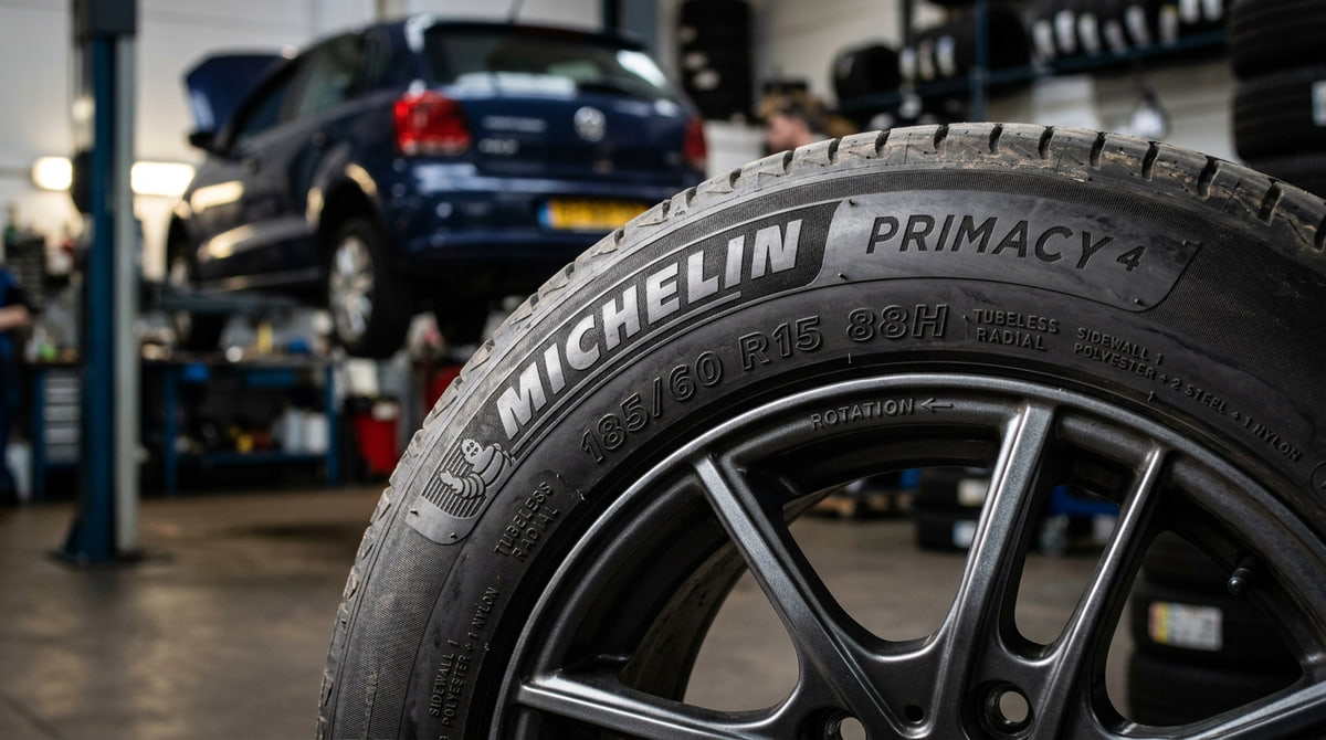 Detalle del lateral de un neumático donde se aprecia el código 185/60 R15 88H, clave para conocer medidas, carga y velocidad.