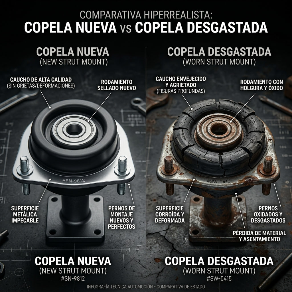Imagen comparativa que muestra el desgaste de una copela frente a una nueva, ayudando a identificar cuándo es necesario cambiarla.