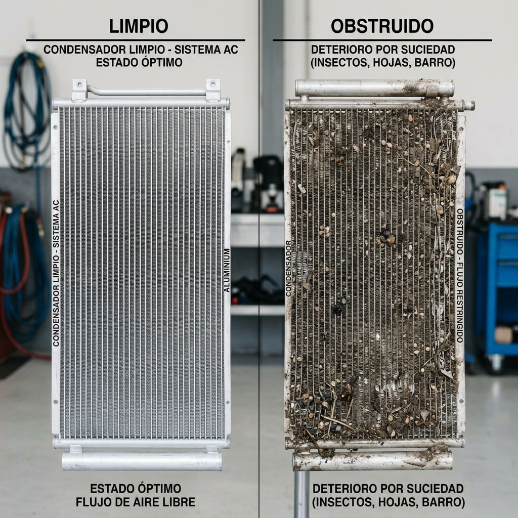 Imagen educativa que muestra cómo la suciedad bloquea las aletas del condensador y reduce la eficacia del aire acondicionado del coche.