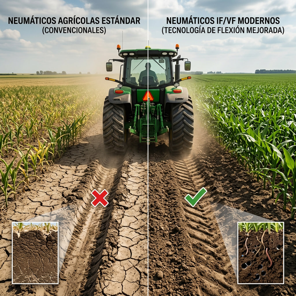 Imagen comparativa mostrando cómo los neumáticos agrícolas equivalentes IF/VF reducen la compactación del terreno y mejoran el rendimiento de los cultivos frente a cubiertas incorrectas.