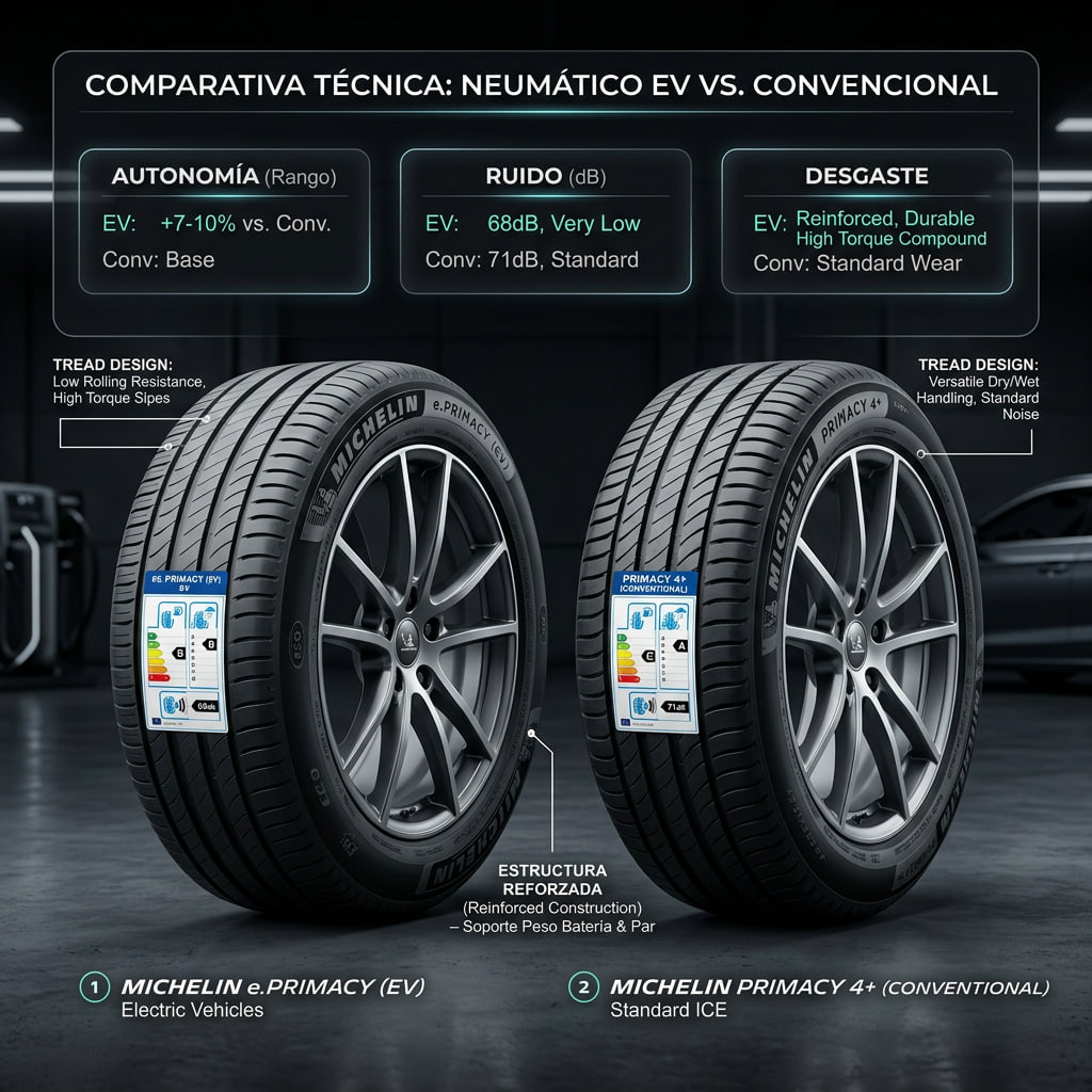 Imagen técnica mostrando las diferencias entre un neumático EV y uno tradicional, destacando estructura reforzada, baja resistencia a la rodadura y menor ruido para mantenimiento vehiculos electrico