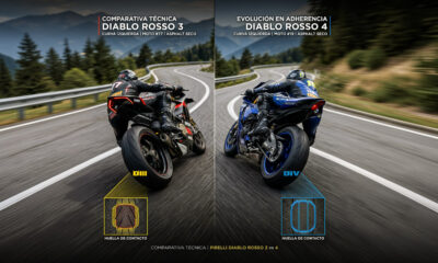 Imagen comparativa de los neumáticos Pirelli Diablo Rosso 3 y Rosso 4 mostrando diferencias en banda de rodadura, tecnología multicompuesto y superficie de contacto.