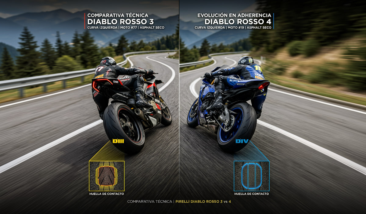 Imagen comparativa de los neumáticos Pirelli Diablo Rosso 3 y Rosso 4 mostrando diferencias en banda de rodadura, tecnología multicompuesto y superficie de contacto.