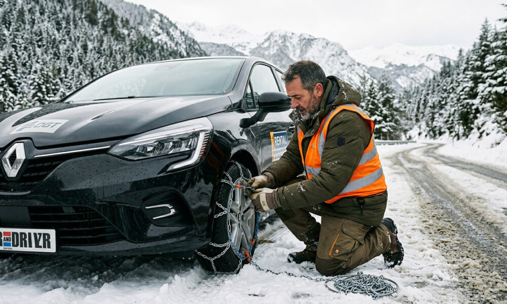 Instalación correcta de cadenas metálicas en las ruedas motrices delanteras de un coche de tracción delantera sobre carretera nevada.