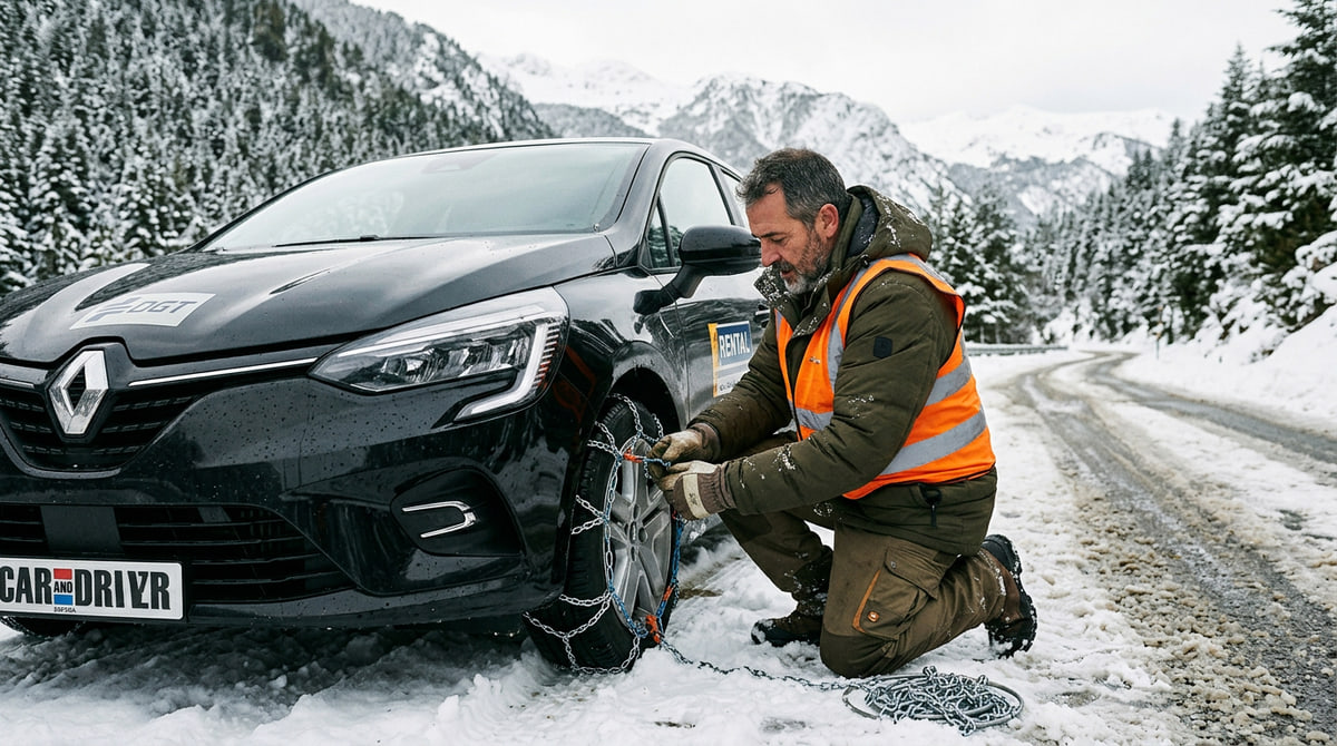 Instalación correcta de cadenas metálicas en las ruedas motrices delanteras de un coche de tracción delantera sobre carretera nevada.