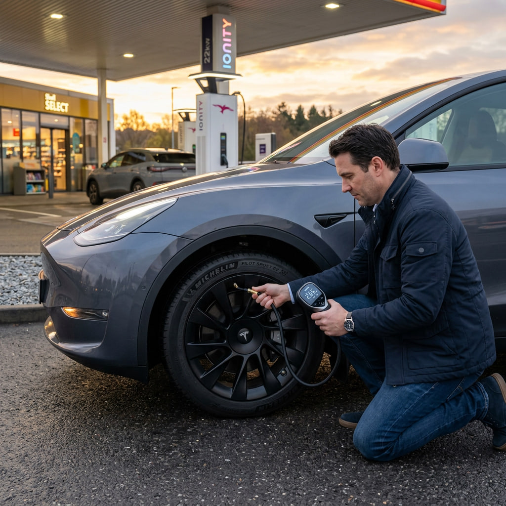 Imagen de mantenimiento vehiculos electricos donde un conductor revisa la presión de las ruedas EV con un medidor digital para mejorar autonomía, seguridad y eficiencia energética.