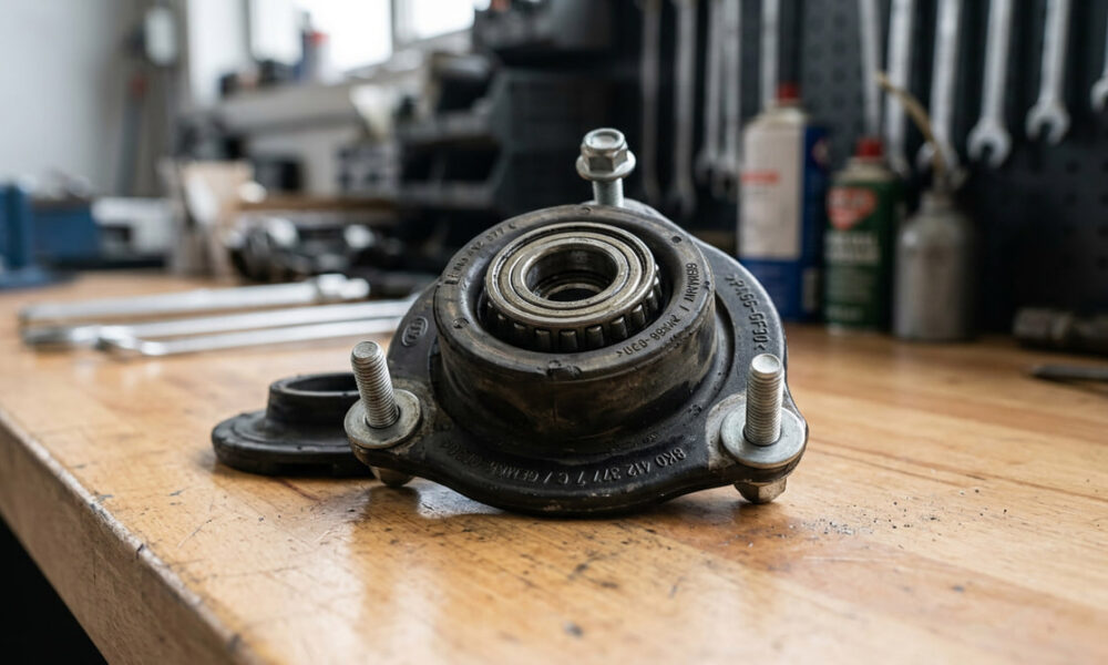Detalle de una copela de amortiguador donde se aprecian sus materiales y estructura, pieza clave para la suspensión y estabilidad del coche.