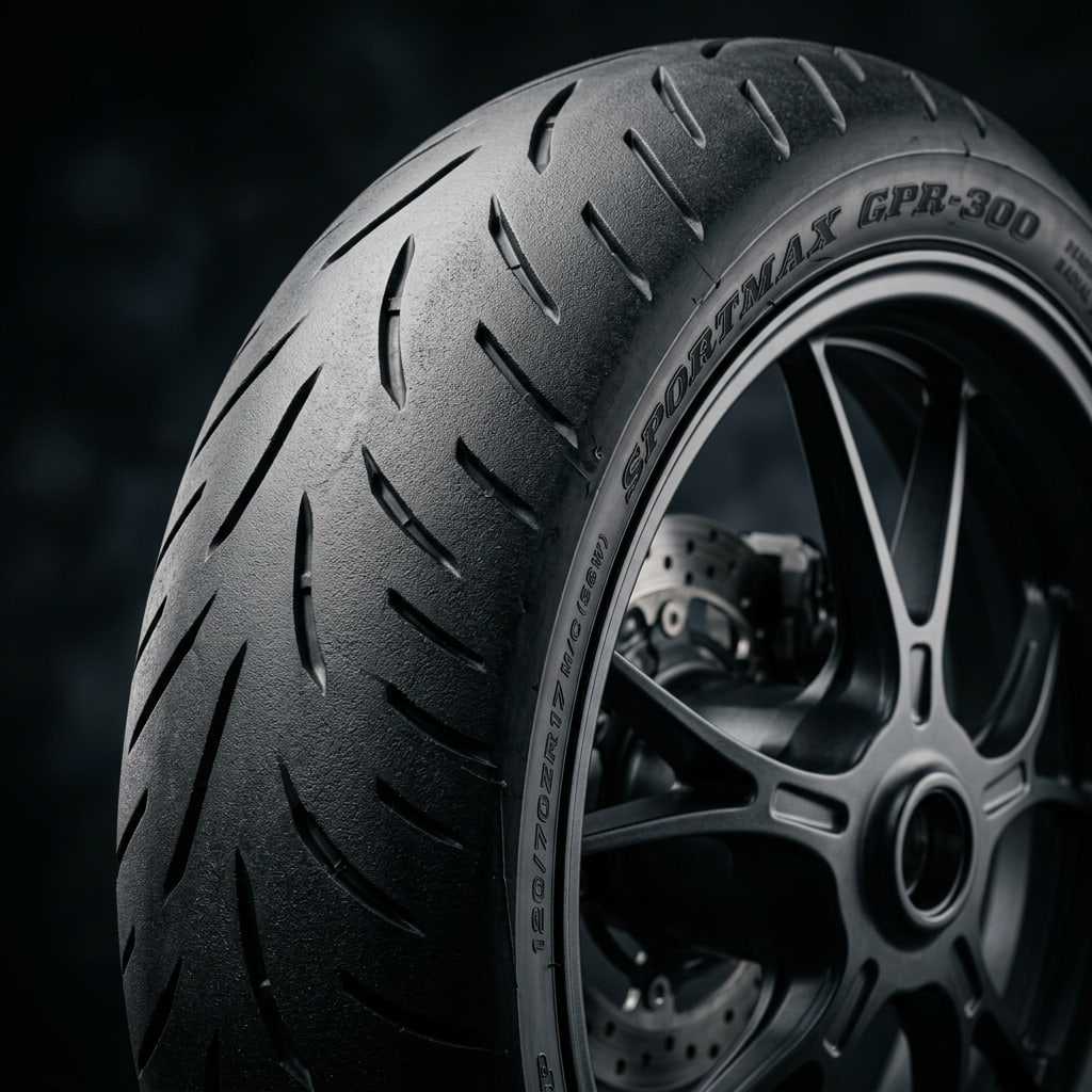 Primer plano del Dunlop Sportmax GPR-300 mostrando su diseño radial, canales de evacuación de agua y compuesto optimizado para mejorar el agarre y la estabilidad en seco y mojado.