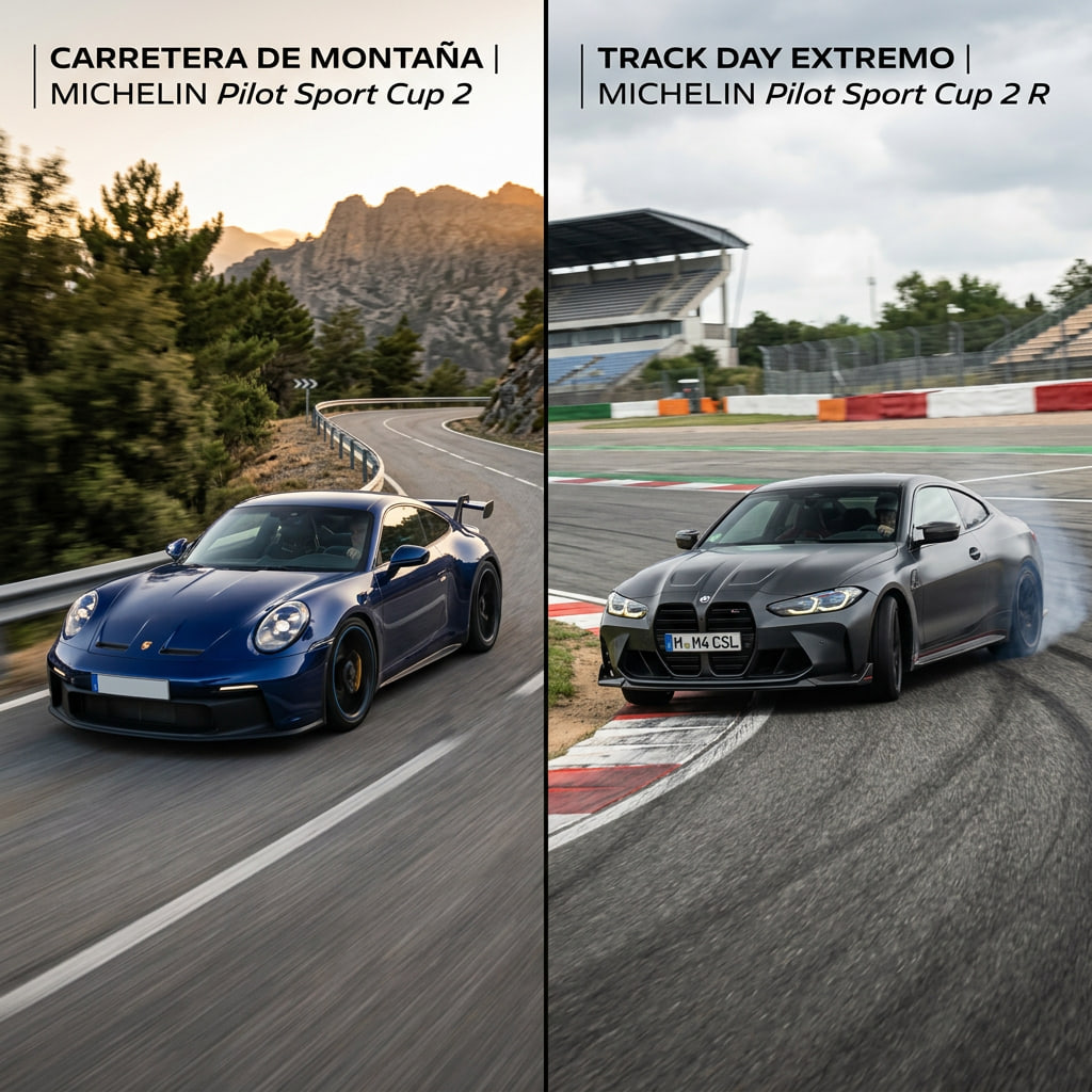 Imagen comparativa del Michelin Pilot Sport Cup 2 y el Cup 2 R en distintos escenarios de conducción: carretera de montaña y track day en circuito.