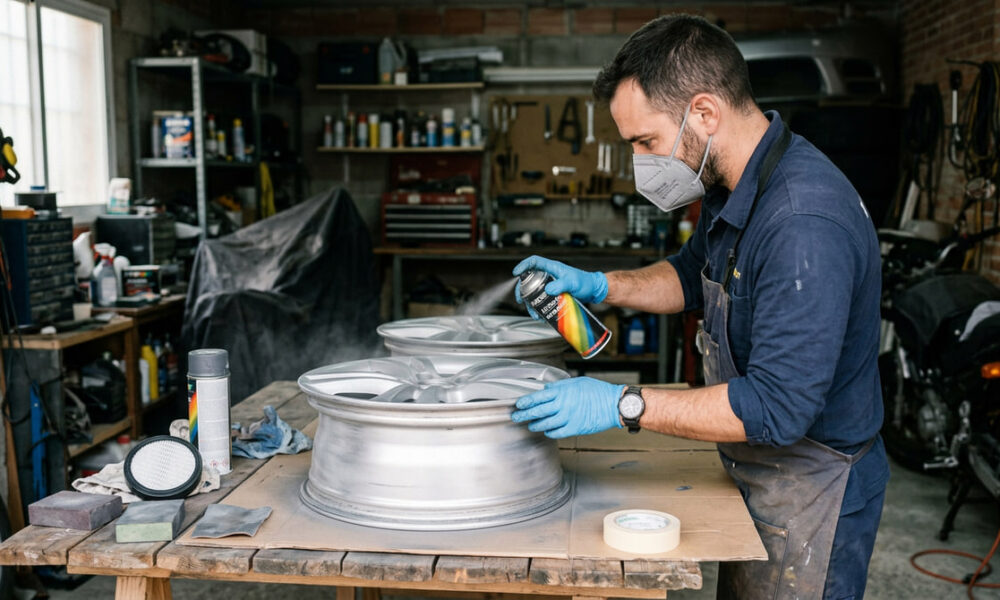 Un conductor restaura una llanta de aluminio desmontada utilizando pintura automotriz en aerosol para mejorar su aspecto y protección.