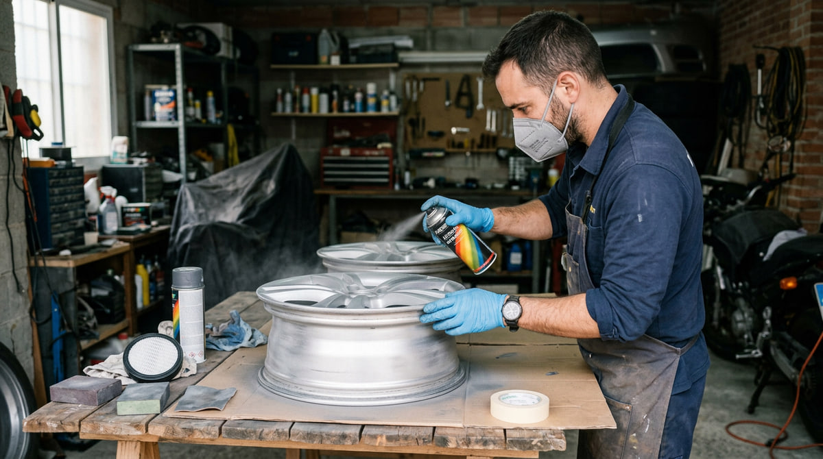 Un conductor restaura una llanta de aluminio desmontada utilizando pintura automotriz en aerosol para mejorar su aspecto y protección.