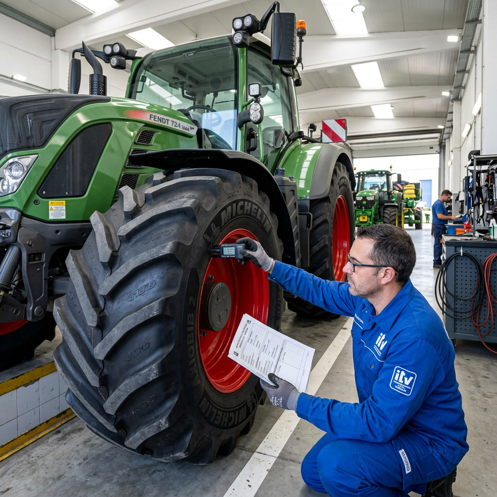 Técnico de ITV agrícola comprobando equivalencia de neumáticos agrícolas homologados, profundidad del dibujo y compatibilidad legal en maquinaria agrícola profesional.