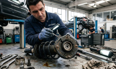 Profesional inspeccionando copelas de amortiguadores deterioradas en un taller mecánico para detectar síntomas de desgaste y problemas en la suspensión.