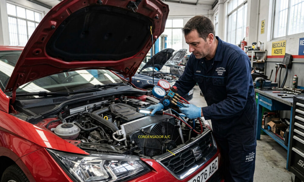 Inspección del condensador del aire acondicionado del coche en taller profesional para detectar fallos y mantener el sistema de climatización en perfecto estado.